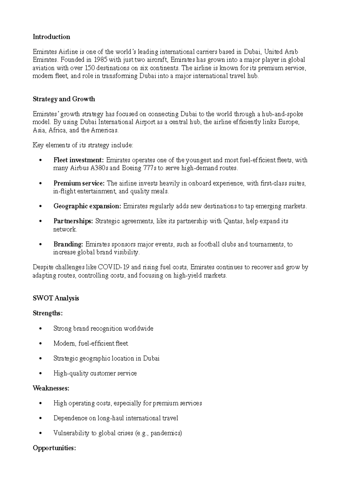 Project Company Notes: Emirates Airline Strategy & Growth Analysis ...