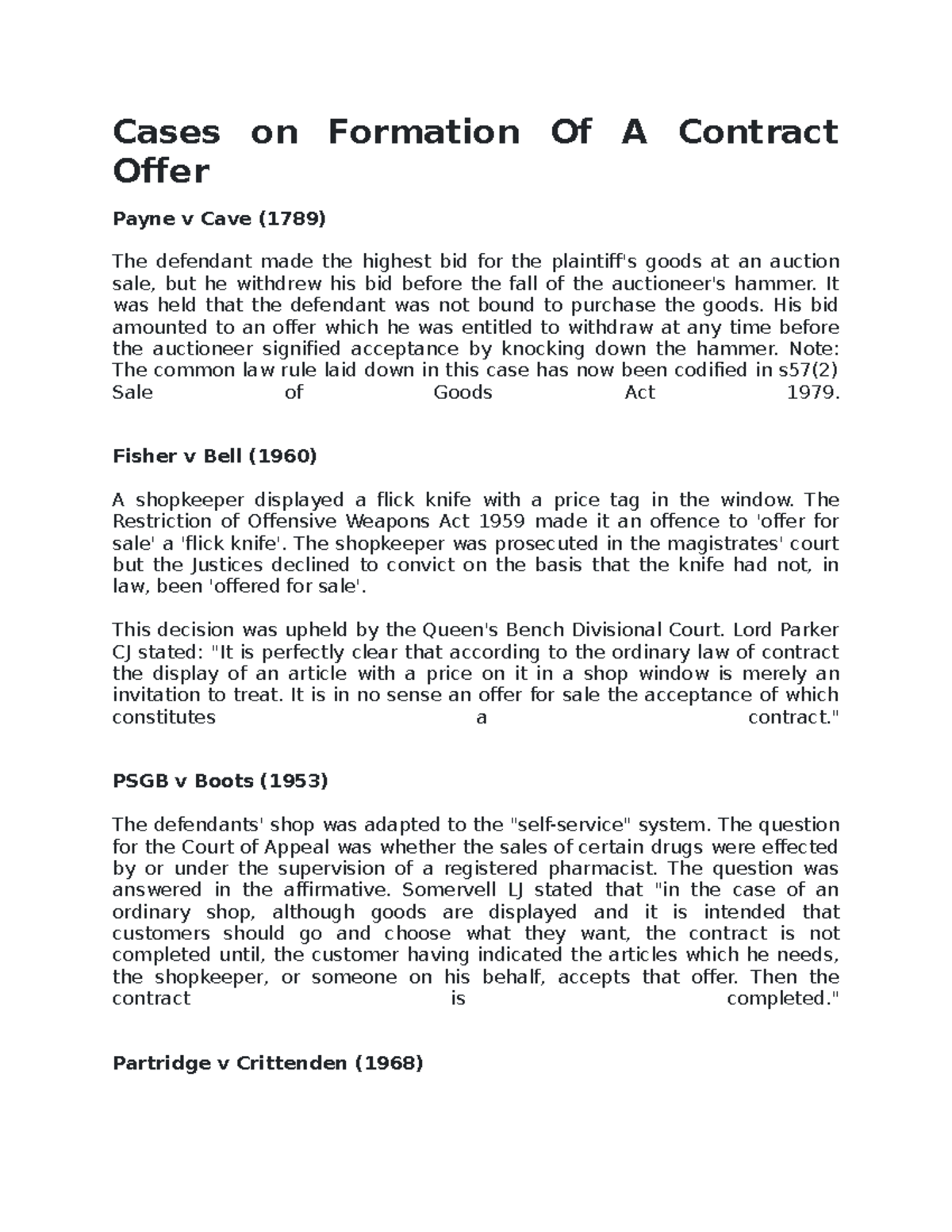 Cases on Contract Law: Offer and Acceptance Principles - Studocu