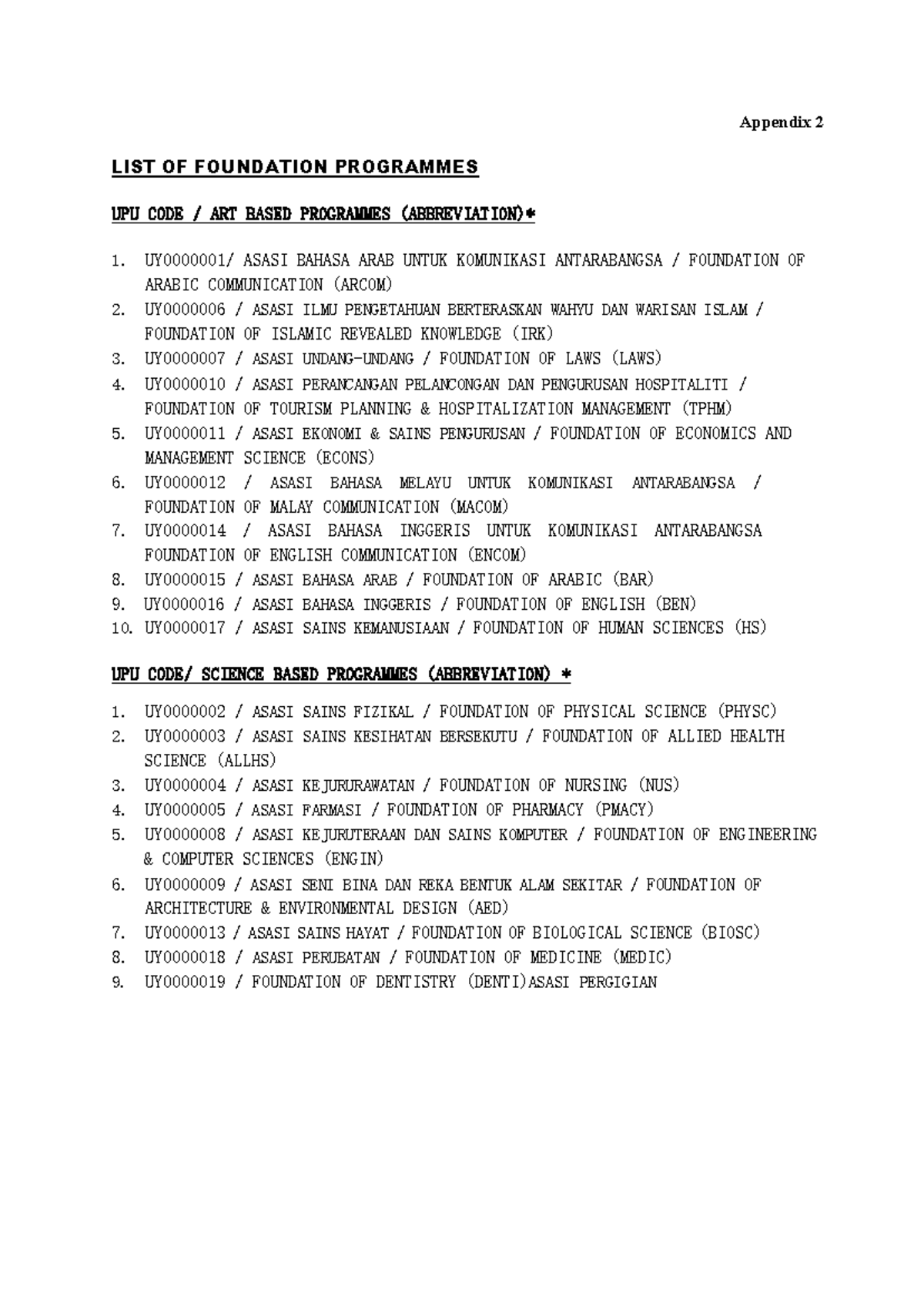LIST OF FOUNDATION PROGRAMMES (Appendix 2) - Studocu