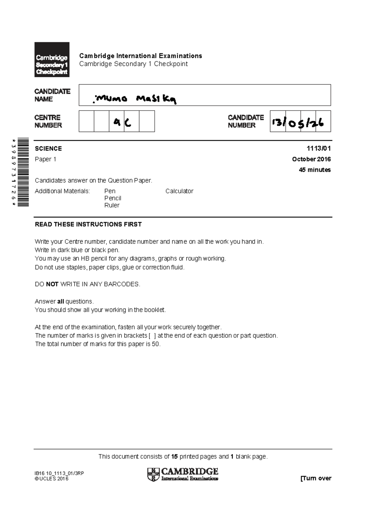 Cambridge Secondary 1 Checkpoint SCIENCE Paper 1 Notes (IB16) - Studocu