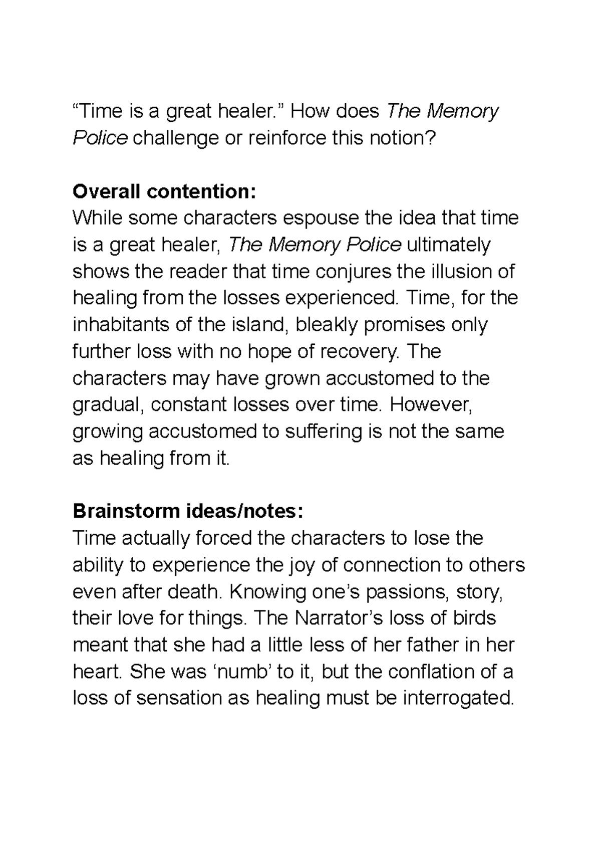 The Memory Police - Prompt Analysis and Brainstorming Notes - Studocu