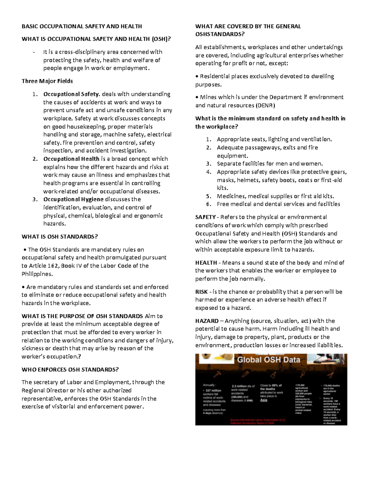 BOSH - Lecture Summary: Key Concepts in Occupational Safety and Health ...