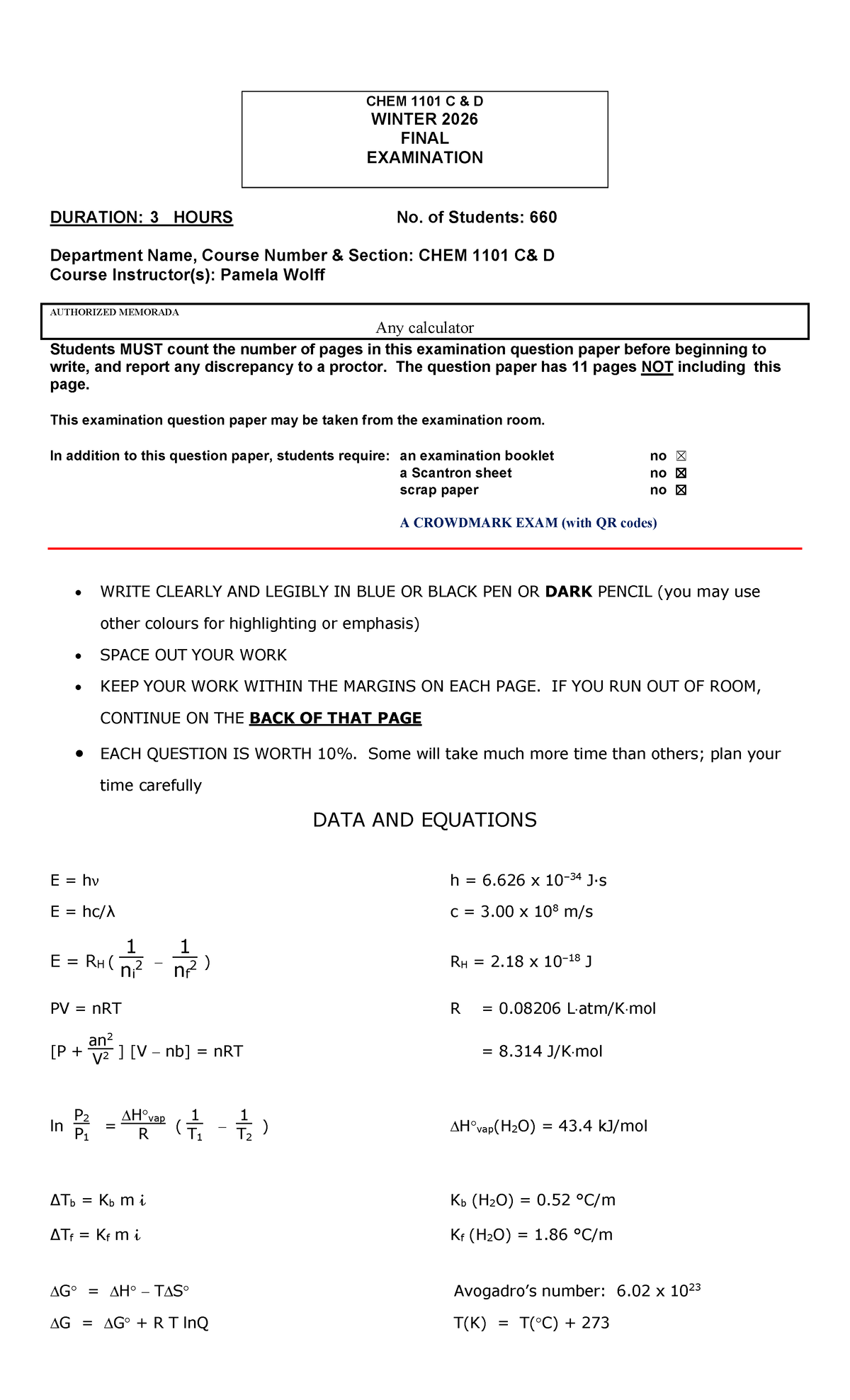 CHEM 1101 WINTER 2026 FINAL EXAMINATION INSTRUCTIONS - Studocu