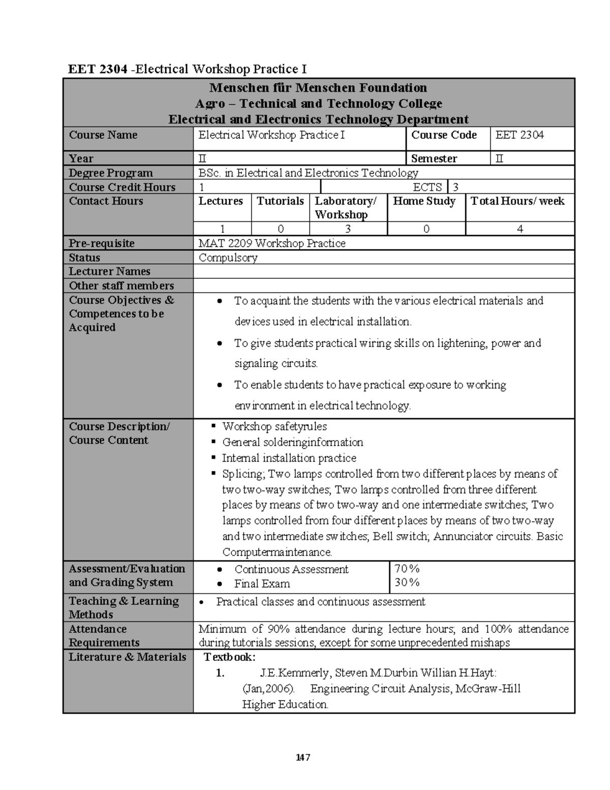 EET 2304 - Electrical Workshop Practice I Course Outline and Objectives ...