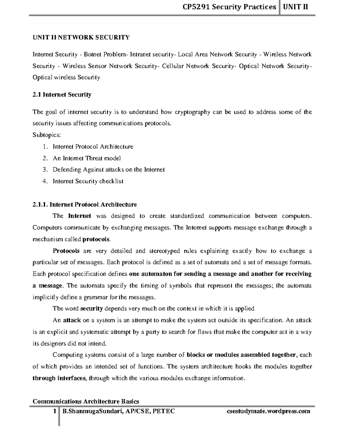 Unit II SP - Notes on Network Security and Internet Protocols - Studocu