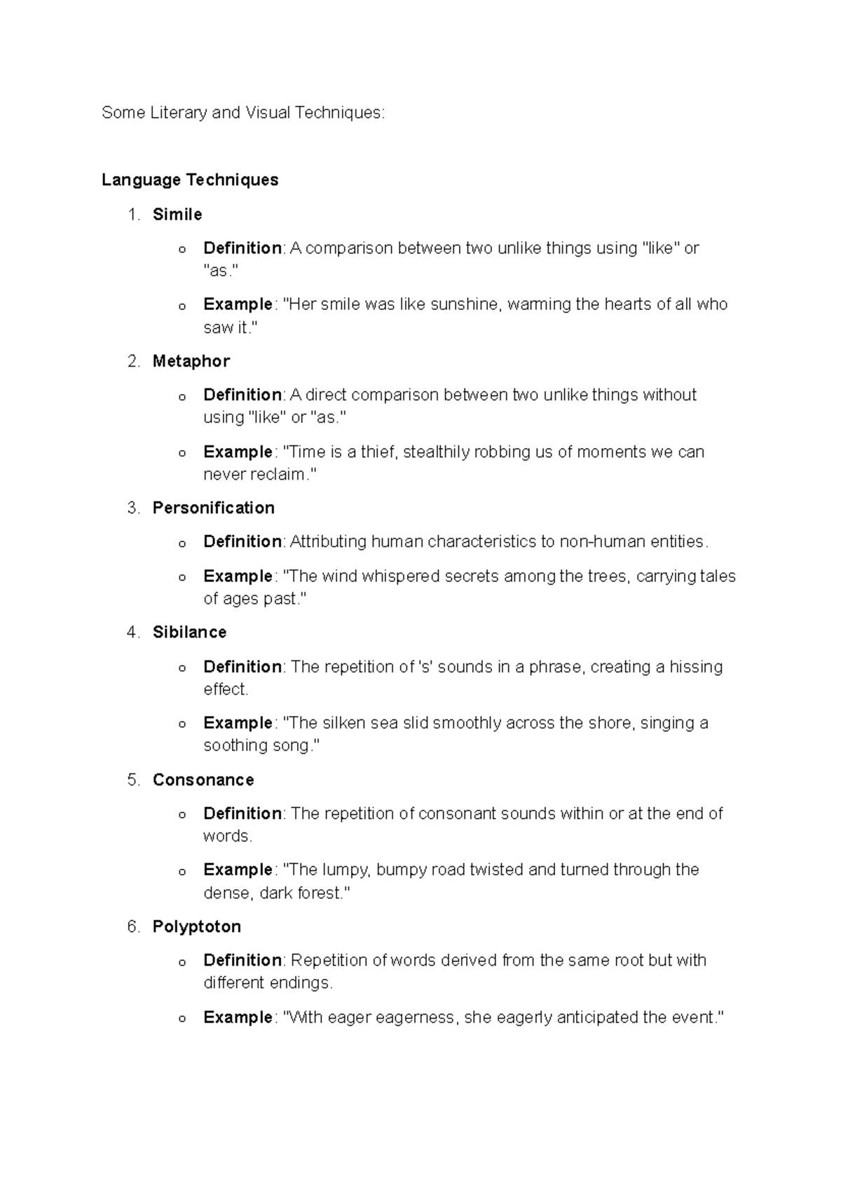 Literary and Visual Techniques: Language Techniques Overview - Studocu