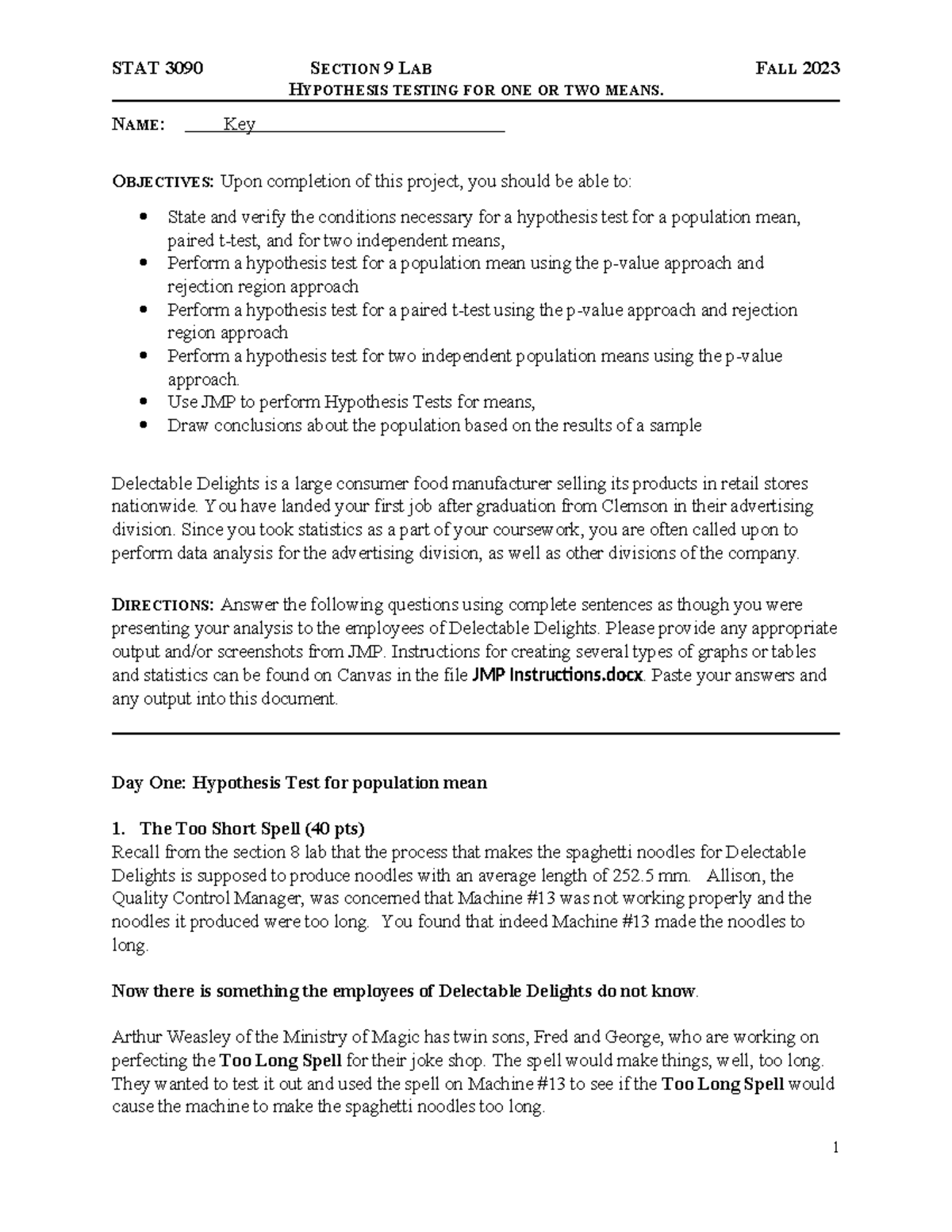 Section 9 Lab Part 2 Key - Hypothesis Testing for One or Two Means ...