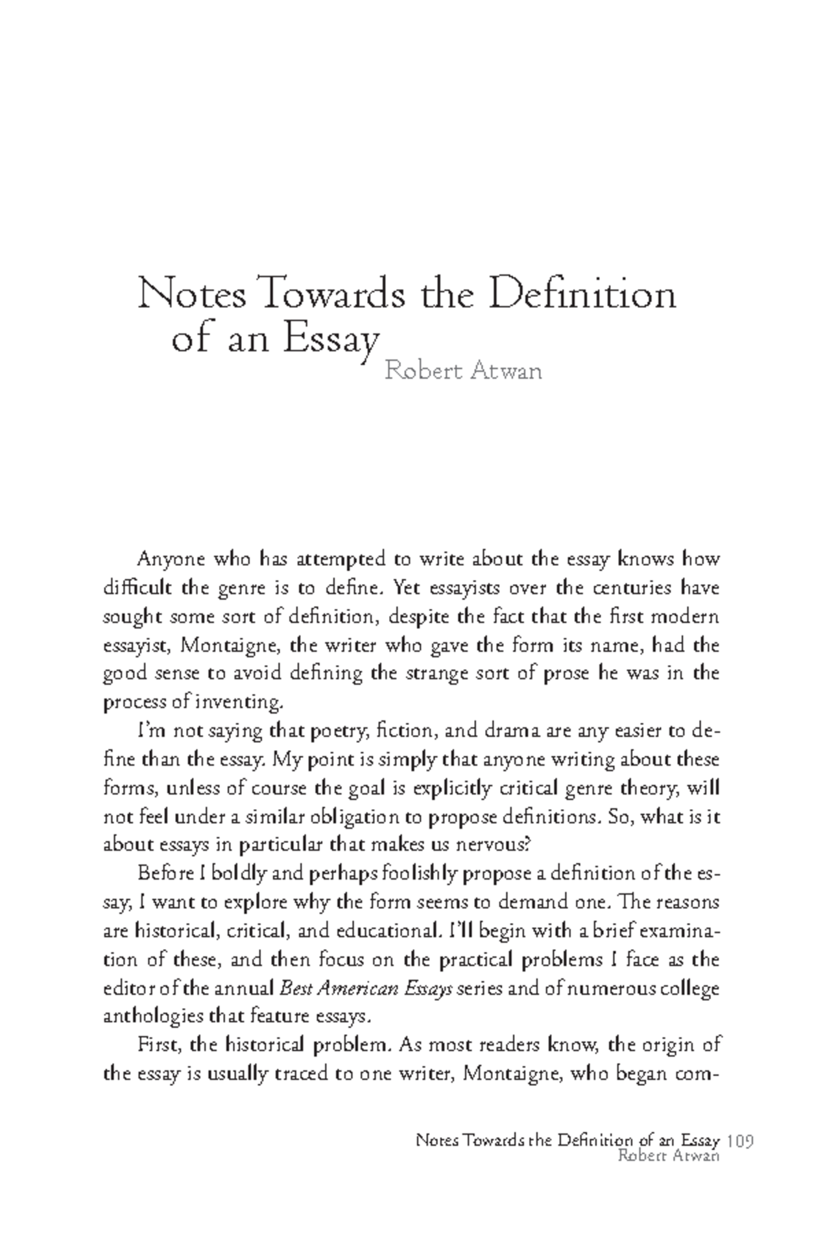 RT 14 Notes on the Definition of an Essay by Robert Atwan - Studocu