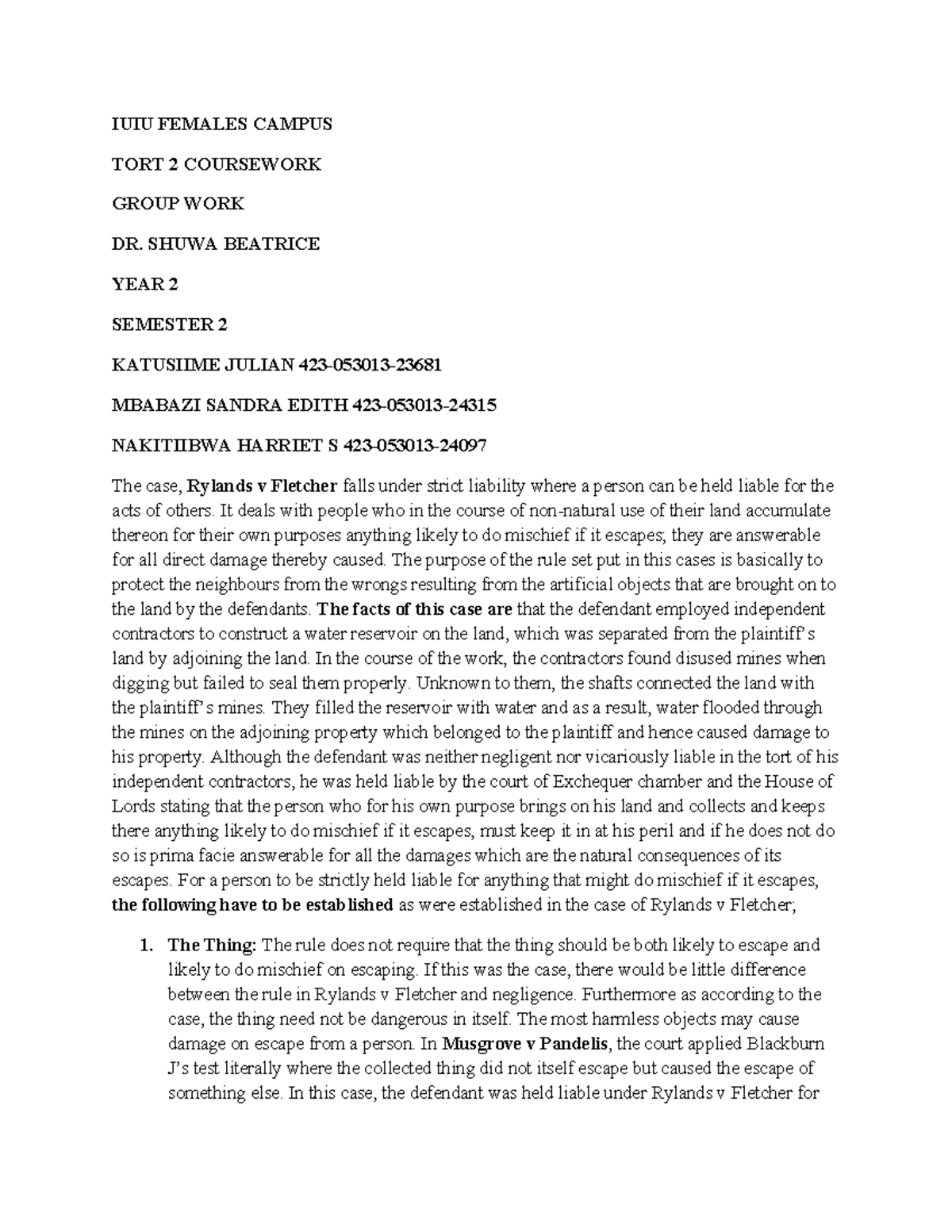 Tort 2 - Rylands v Fletcher Case Study and Strict Liability Analysis ...