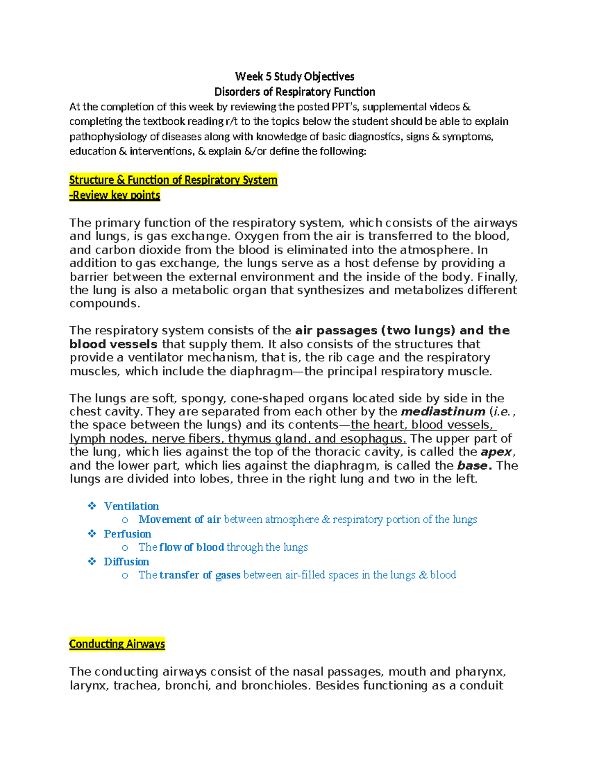 Week 5 Study Guide: Disorders of Respiratory Function - Studocu