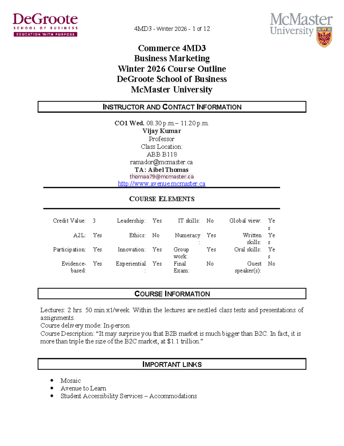 Course Outline for Commerce 4MD3: Business Marketing Winter 2026 - Studocu