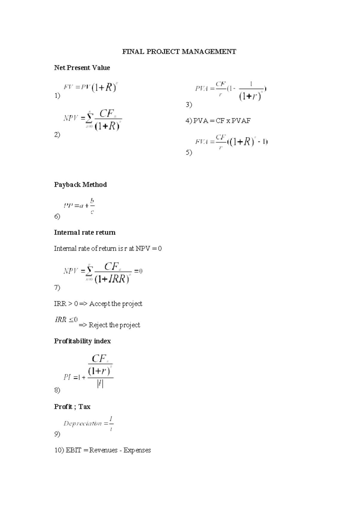 Final Project Management (PM) Notes - Key Concepts and Formulas - Studocu