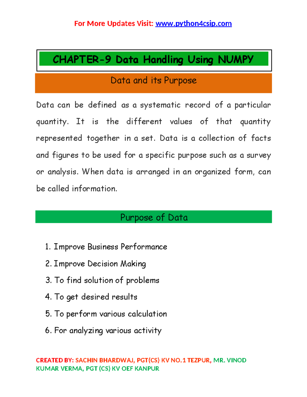 Data Handling Using Num Py - Data and its Purpose CREATED BY: SACHIN ...