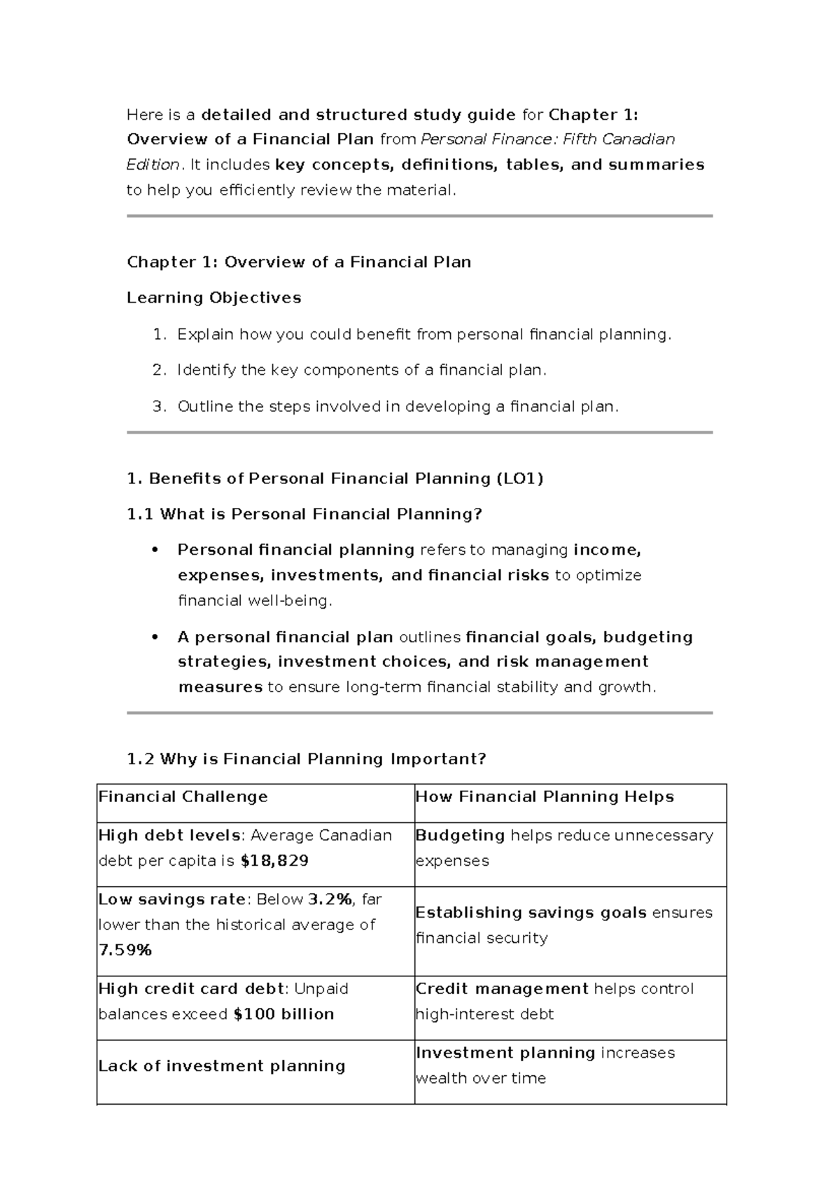 Chapter 1 Overview of a Financial Plan - It includes key concepts ...