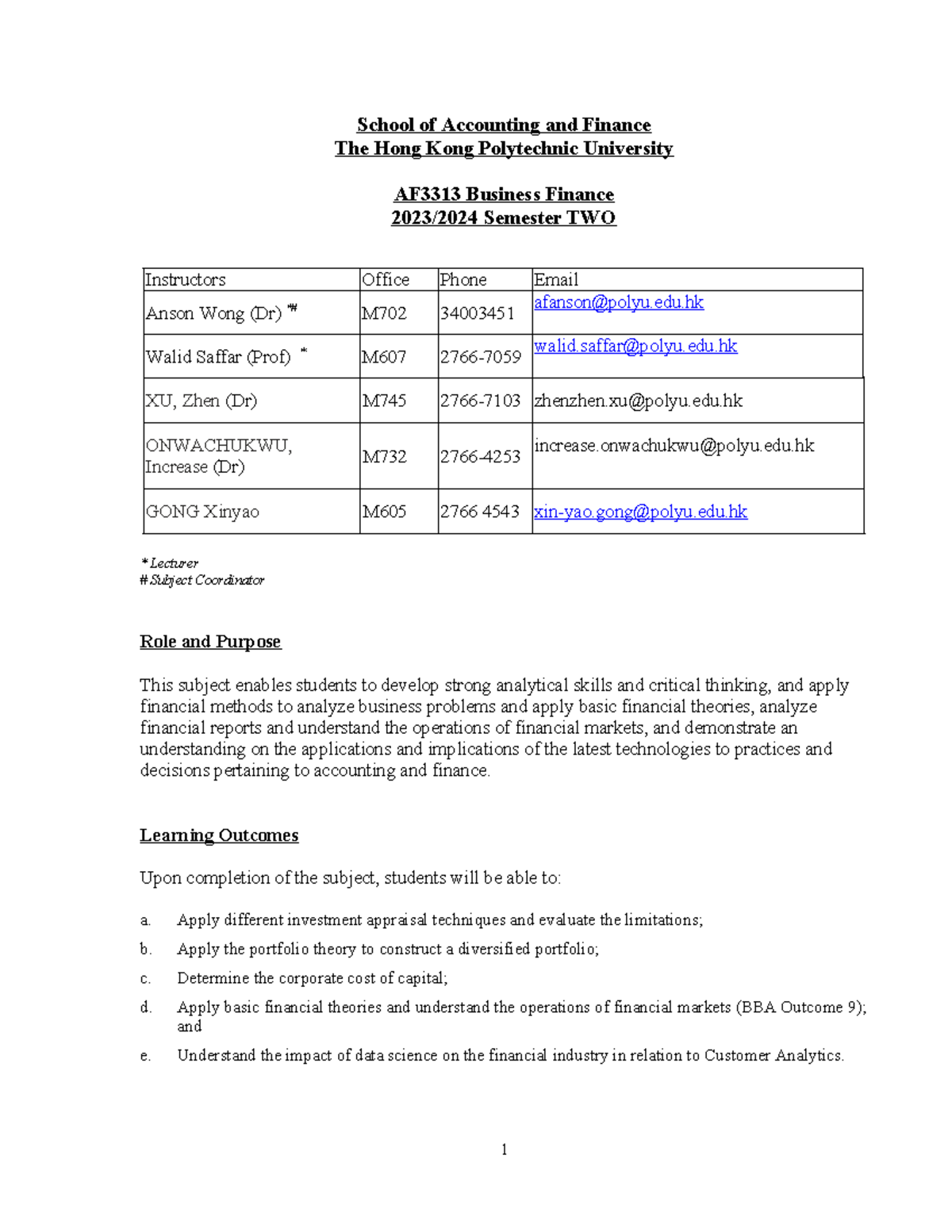 AF3313 Business Finance Course Outline for Semester 2 2023-2024 - Studocu