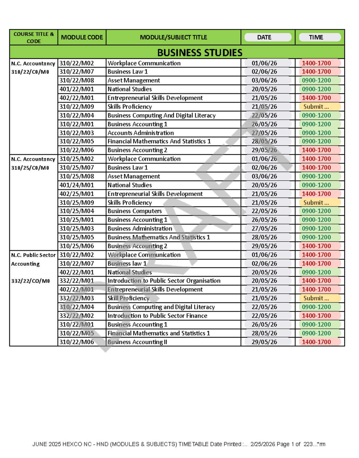 Exams Timetable 2026 - HEXCO NC HND Modules - Studocu