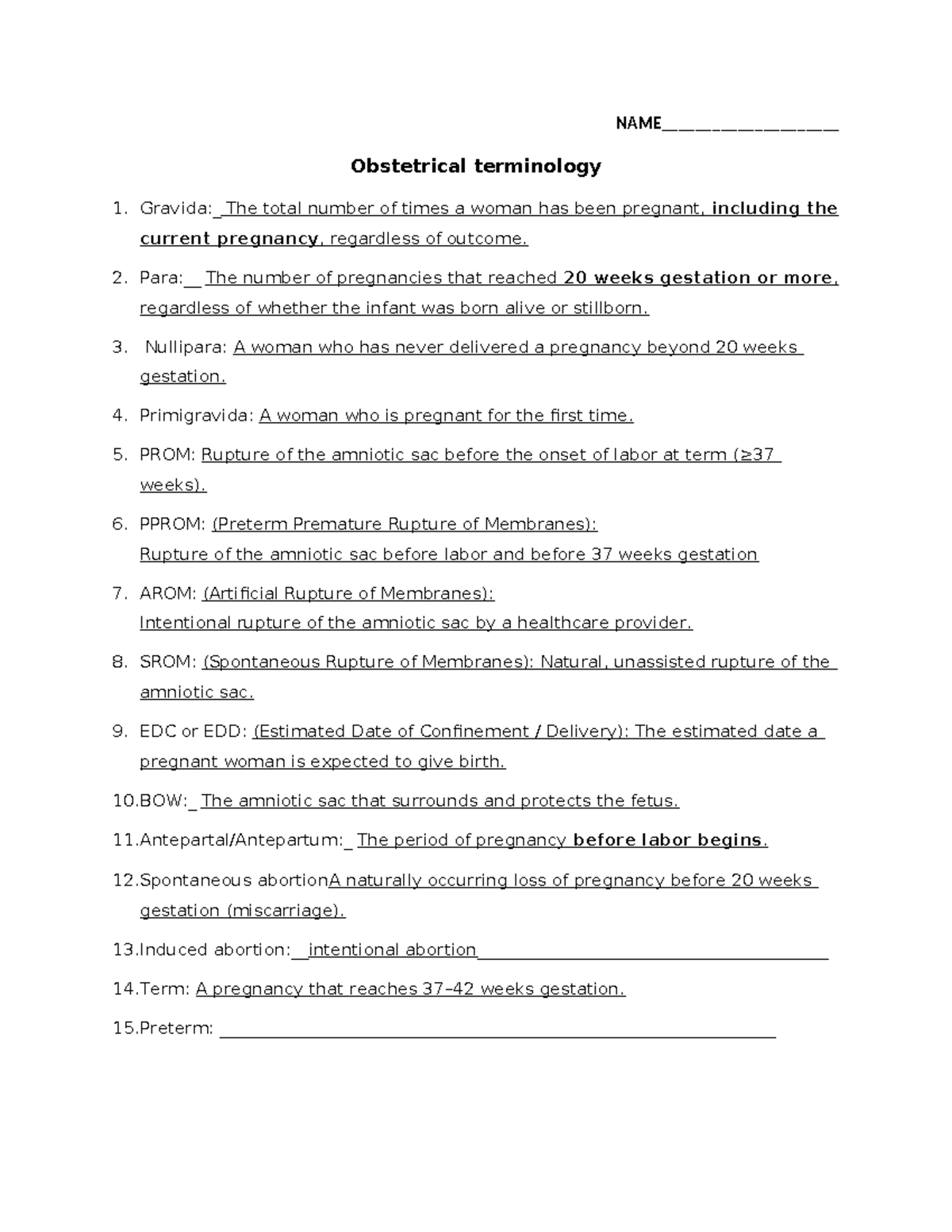 Obstetrical Terminology Worksheet: Key Terms Explained - Studocu
