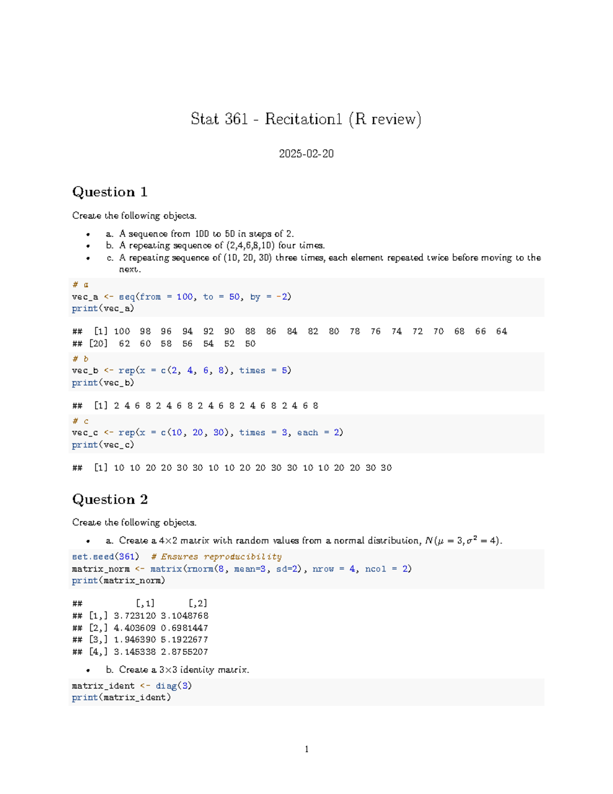 Stat 361 - Recitation 1: R Review & Probability Distributions Analysis ...