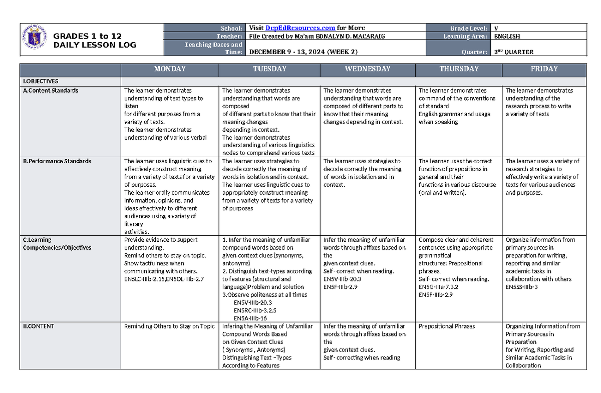 DLL English 5 Q3 W2 - wertg - GRADES 1 to 12 DAILY LESSON LOG School ...