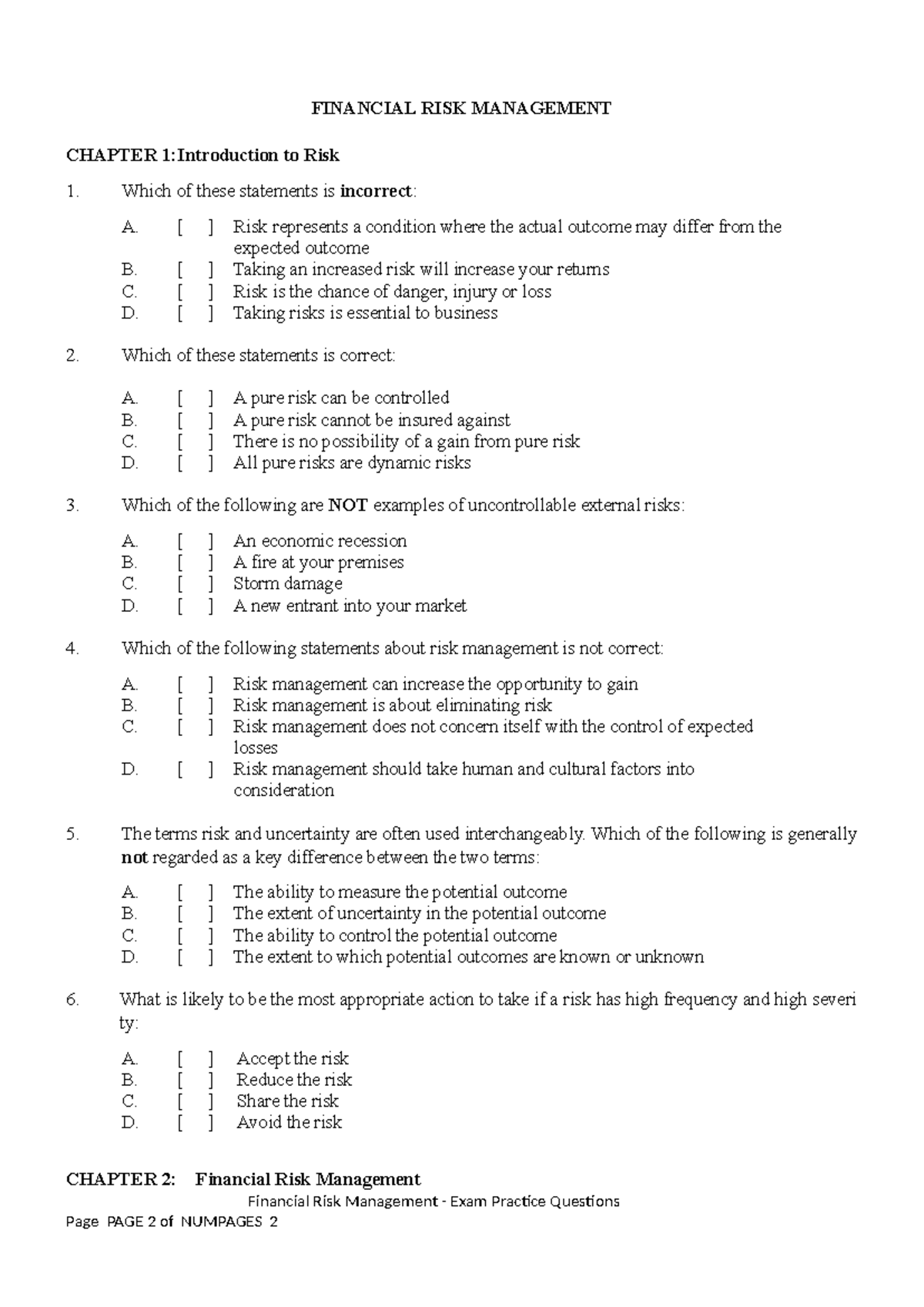 FRM 101: Financial Risk Management Exam Practice Questions - Studocu