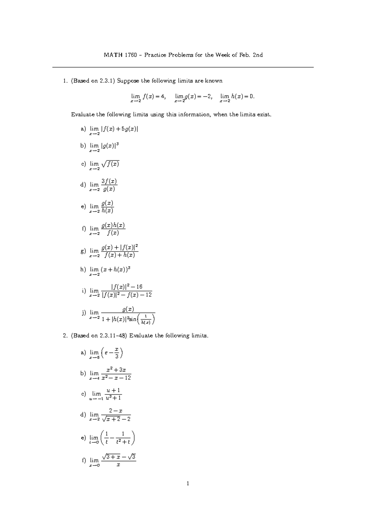 MATH 1760 Weekly Practice Problems - Limits Evaluation - Studocu