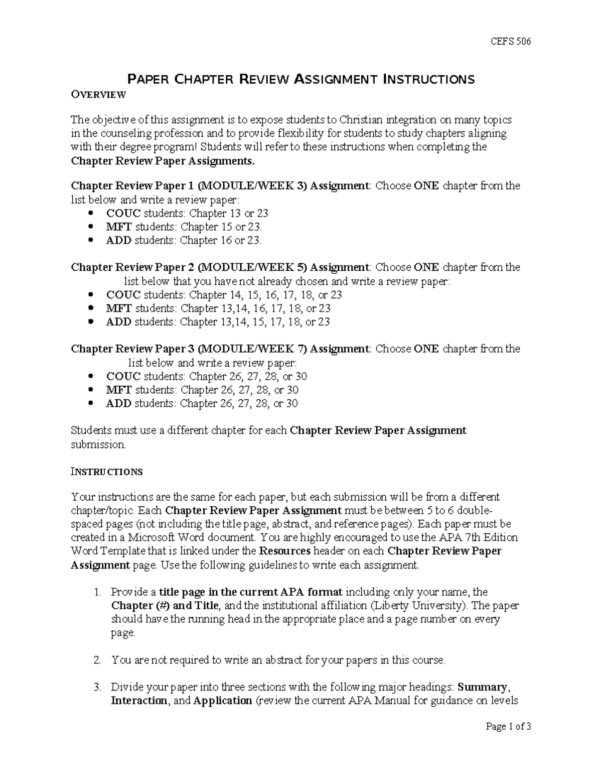 CEFS 506 Paper Chapter Review Assignment Overview and Guidelines - Studocu