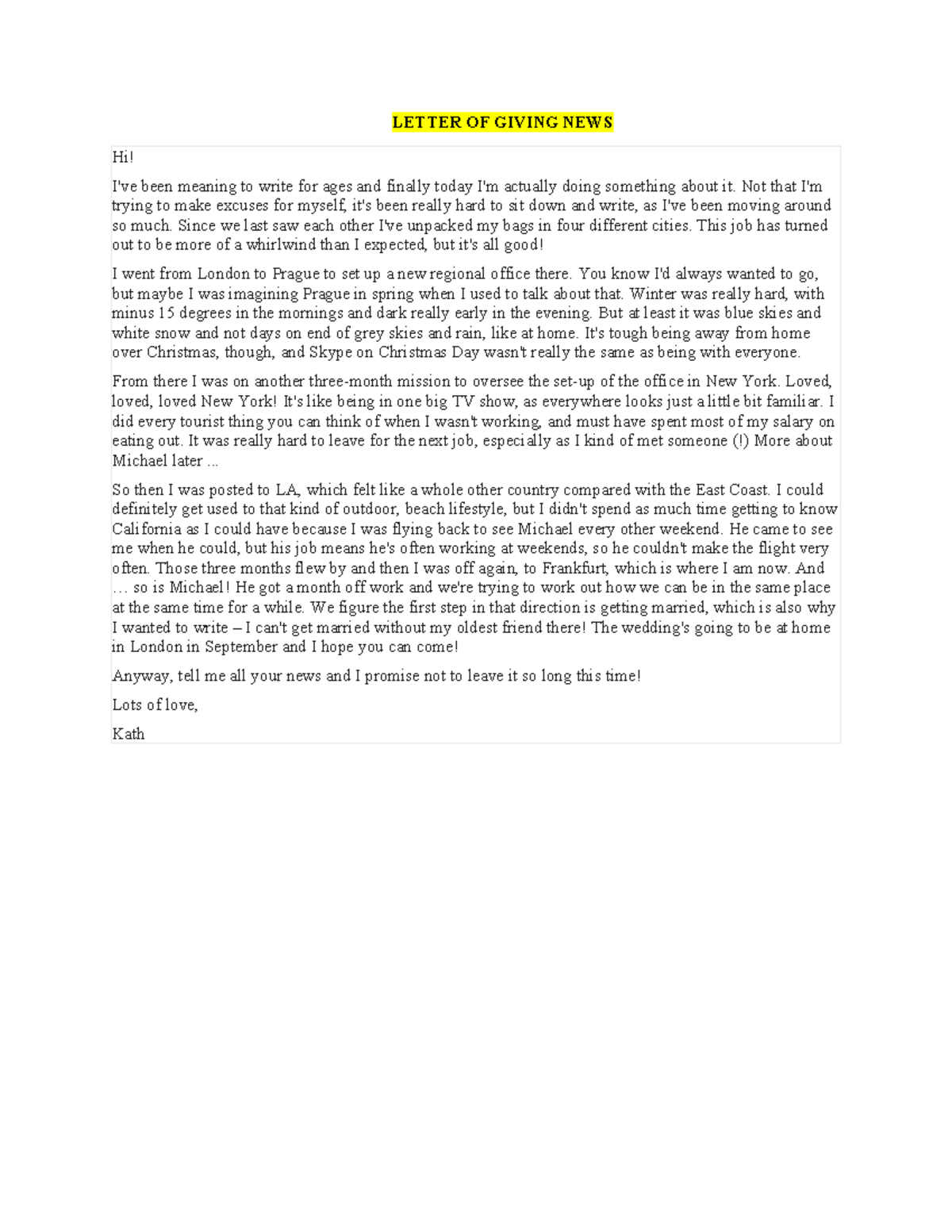 Letter of News Update: Life Adventures & Wedding Plans - Studocu