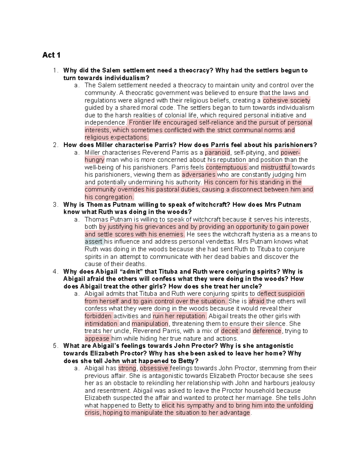 Comprehension Questions: The Crucible (ENG 101) - Act 1 to Act 4 ...