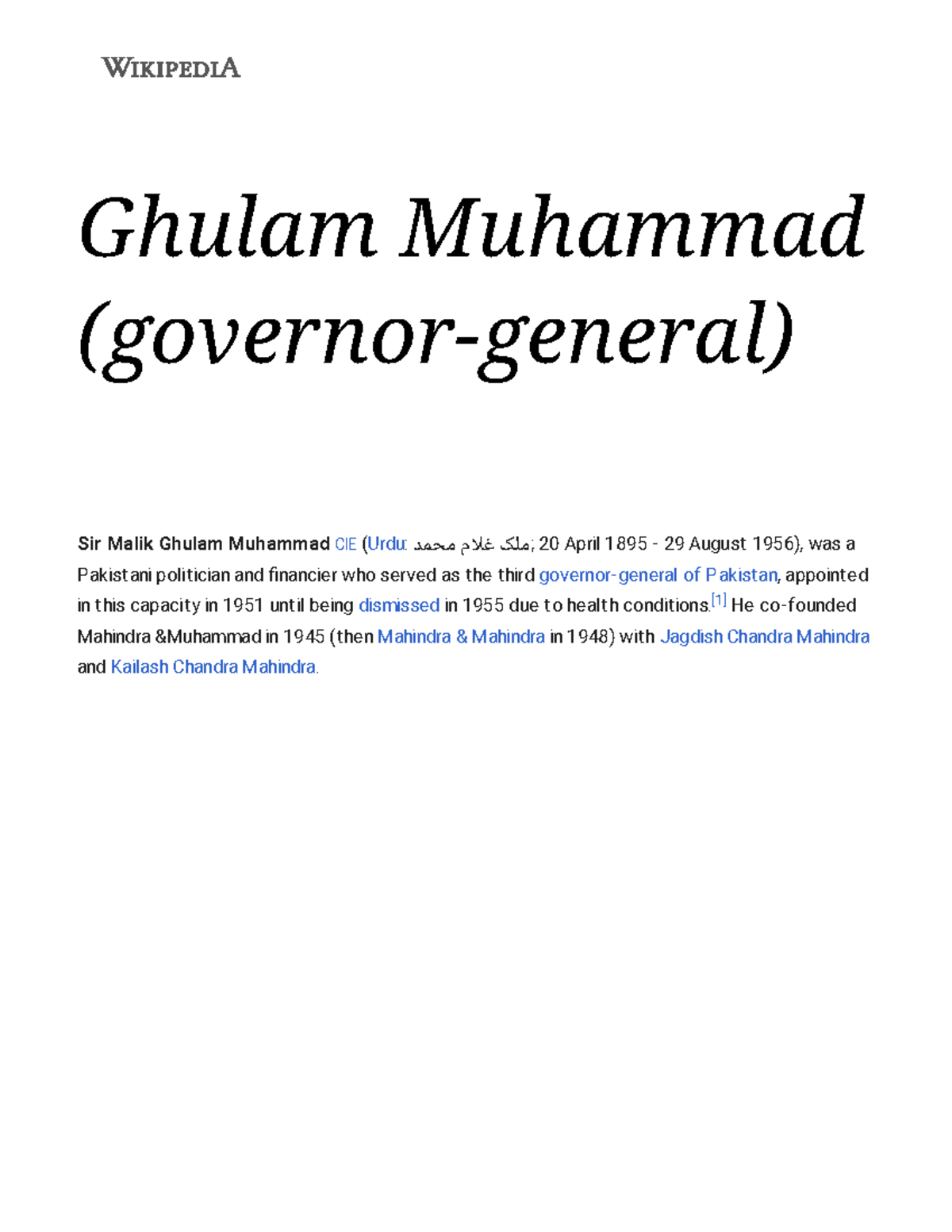Ghulam Muhammad (governor-general of Pakistan) - Wikipedia - Ghulam