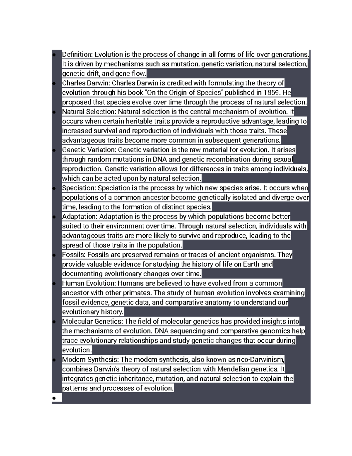 BIO101: Evolution and Natural Selection Overview Notes - Studocu