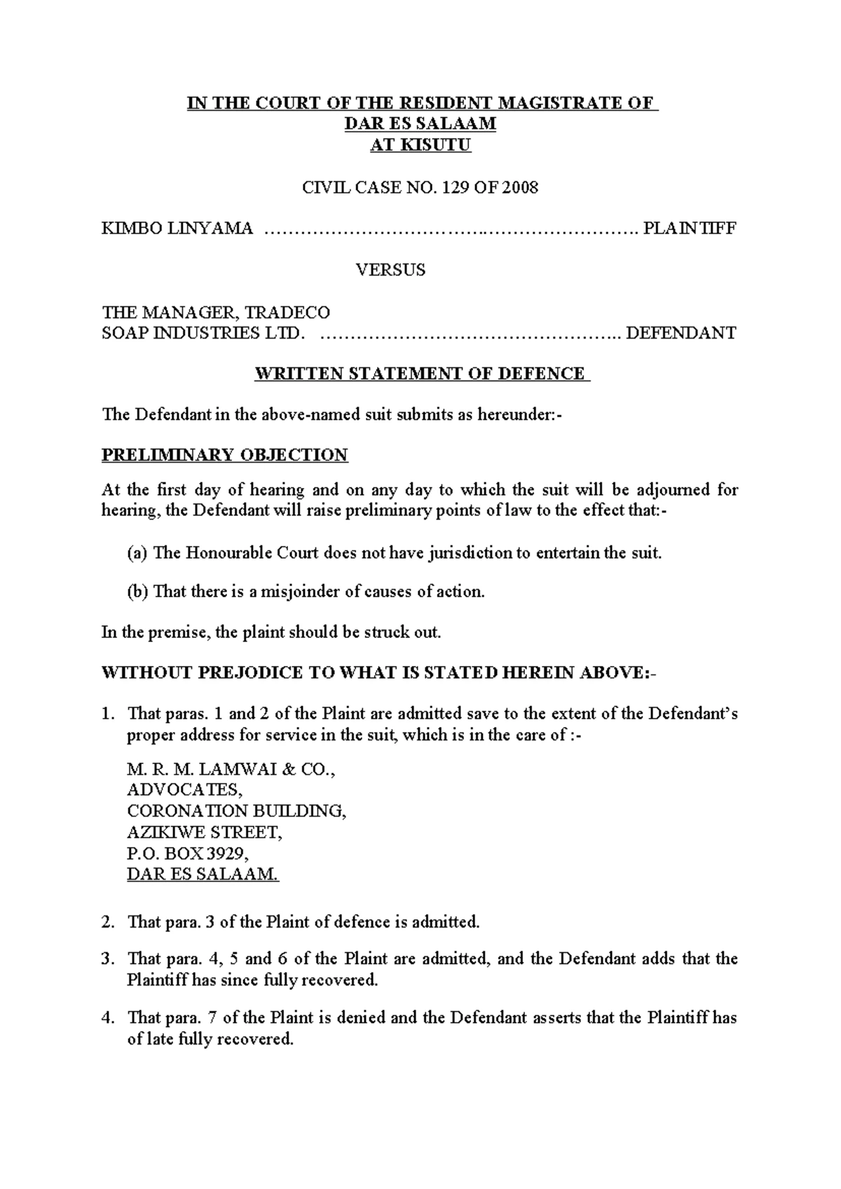 Mworia Civil Case WSD to Counterclaim - Kisutu Court 2009 - Studocu