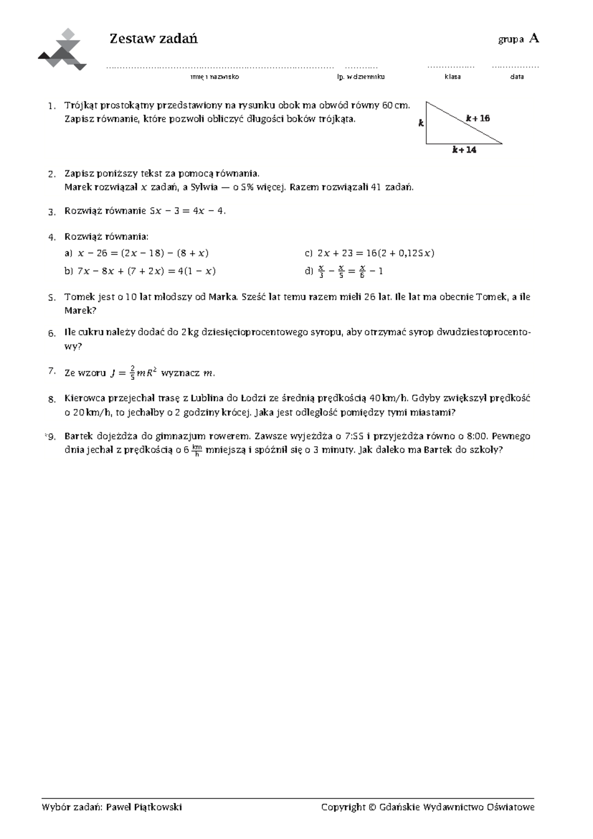 Zestaw zadań z Równań kl. VIII - Grupy A-H, J - Studocu