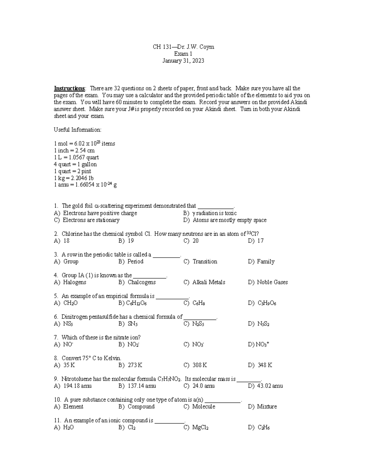 CH 131 - Exam 1 Review Notes and Study Guide - Studocu
