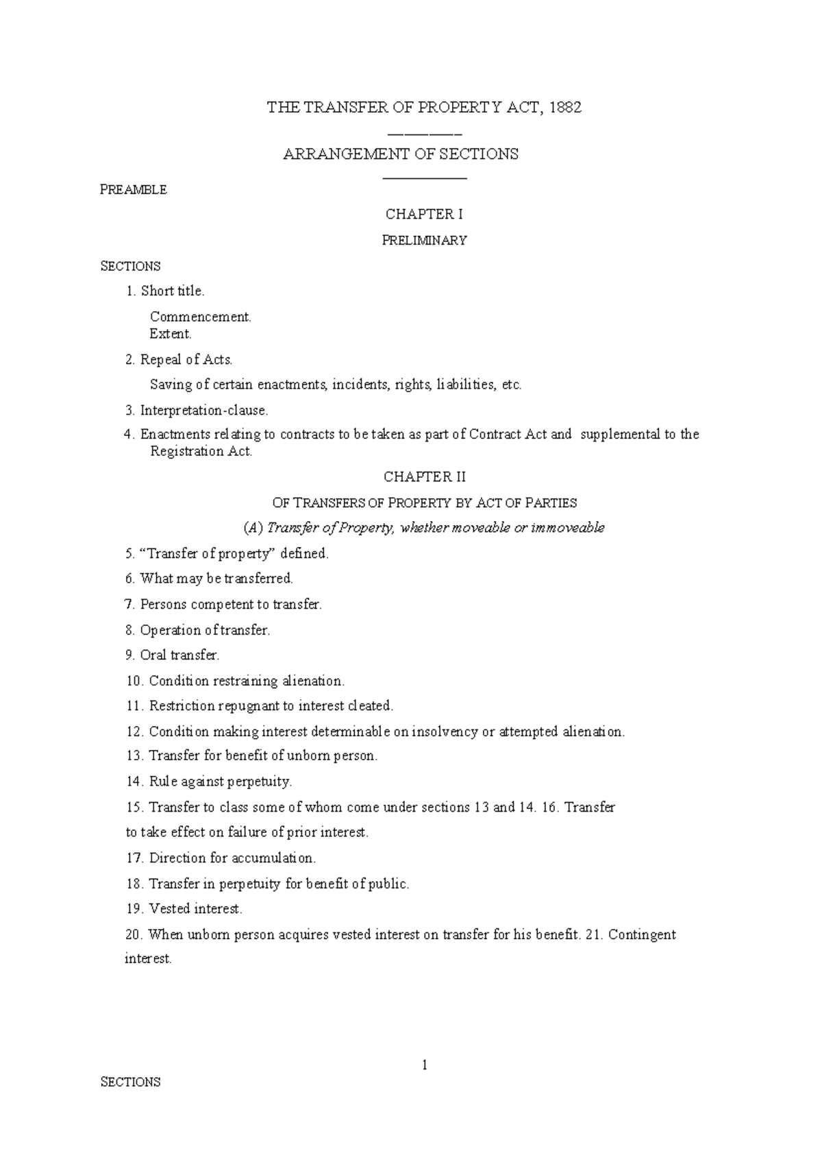 Transfer of Property Act, 1882: Comprehensive Section Overview - Studocu