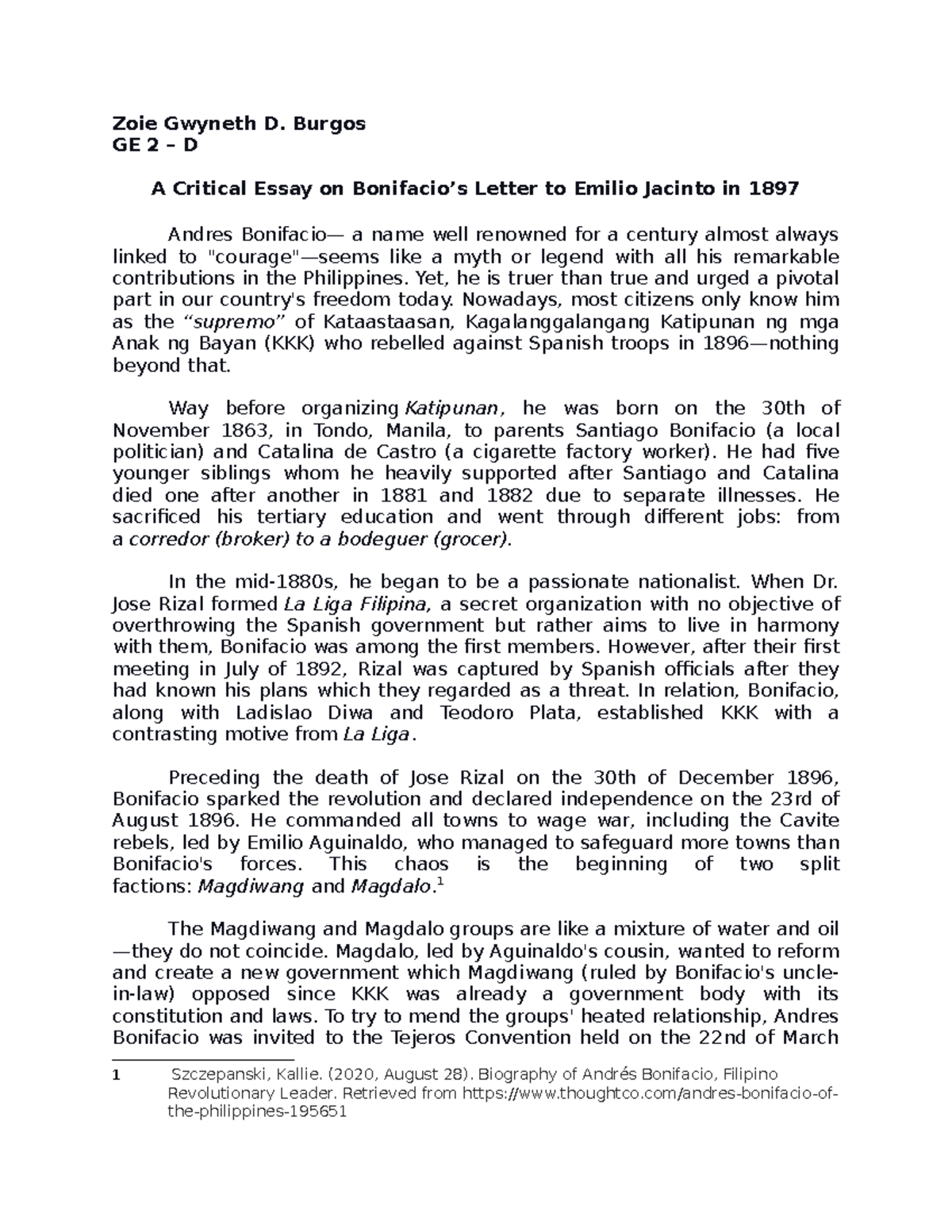 Critical Essay - Analyzing Bonifacio's Letter to Jacinto (GE 2-D) - Studocu