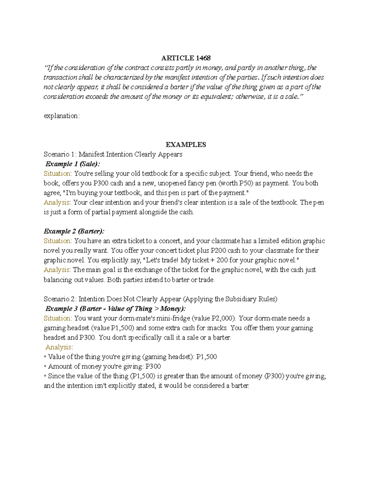 Sales and Barter Analysis: Understanding Article 1468-1470 - Studocu