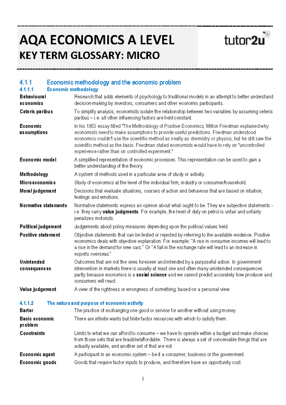 AQA ECONOMICS A LEVEL MICRO GLOSSARY: KEY TERMS AND CONCEPTS 2024 - Studocu