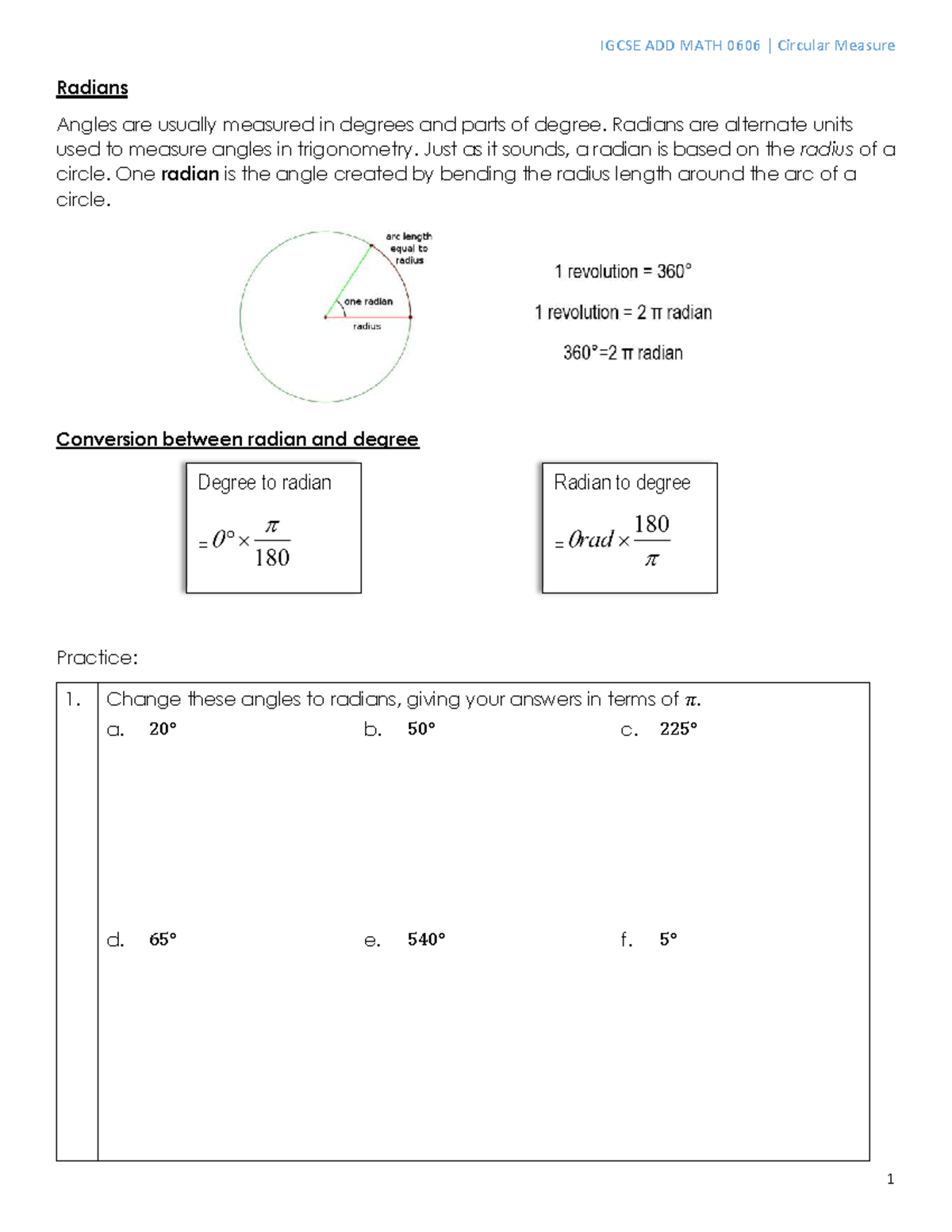 0606 Circular Measure - To find area and perimeter - Radians Angles are ...