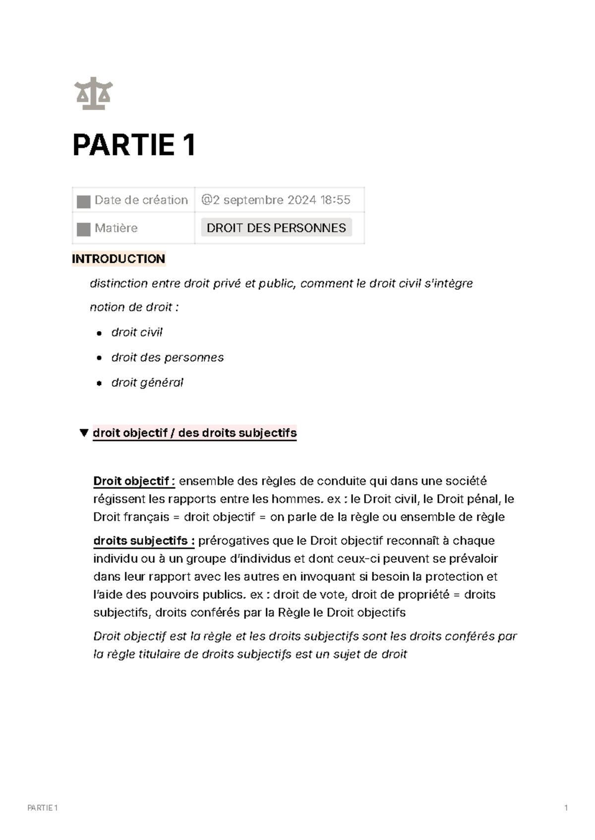 Cours 1 - Partie 1 : Introduction au Droit des Personnes (L1) - Studocu