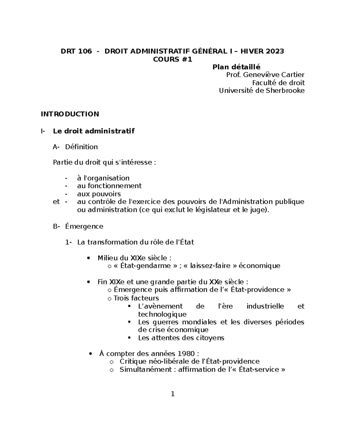 Plan de cours du cours 1 - DRT 106 - DROIT ADMINISTRATIF GÉNÉRAL I ...