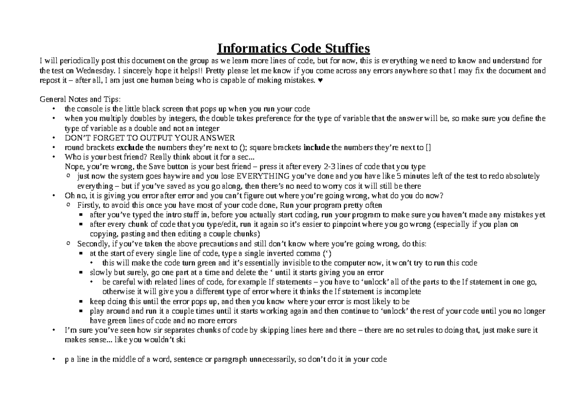 Informatics 101: Essential Code Tips for Upcoming Test - Studocu