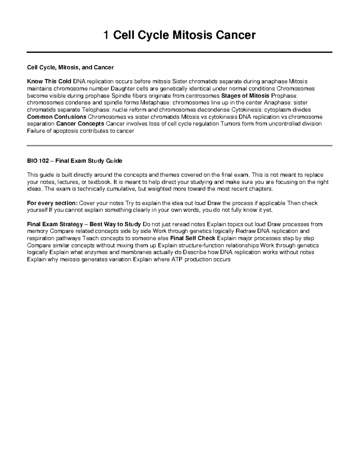 BIO 102 Final Exam Study Guide: Cell Cycle, Mitosis & Cancer - Studocu
