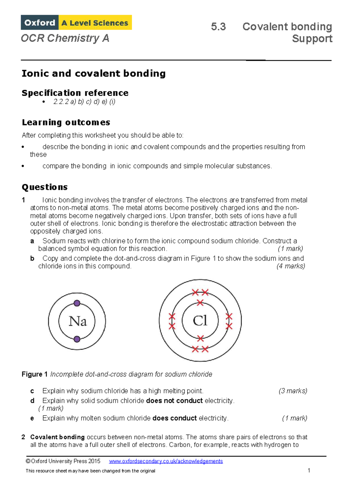 OCR Chemistry A 5.3 Covalent & Ionic Bonding Worksheet - Studocu