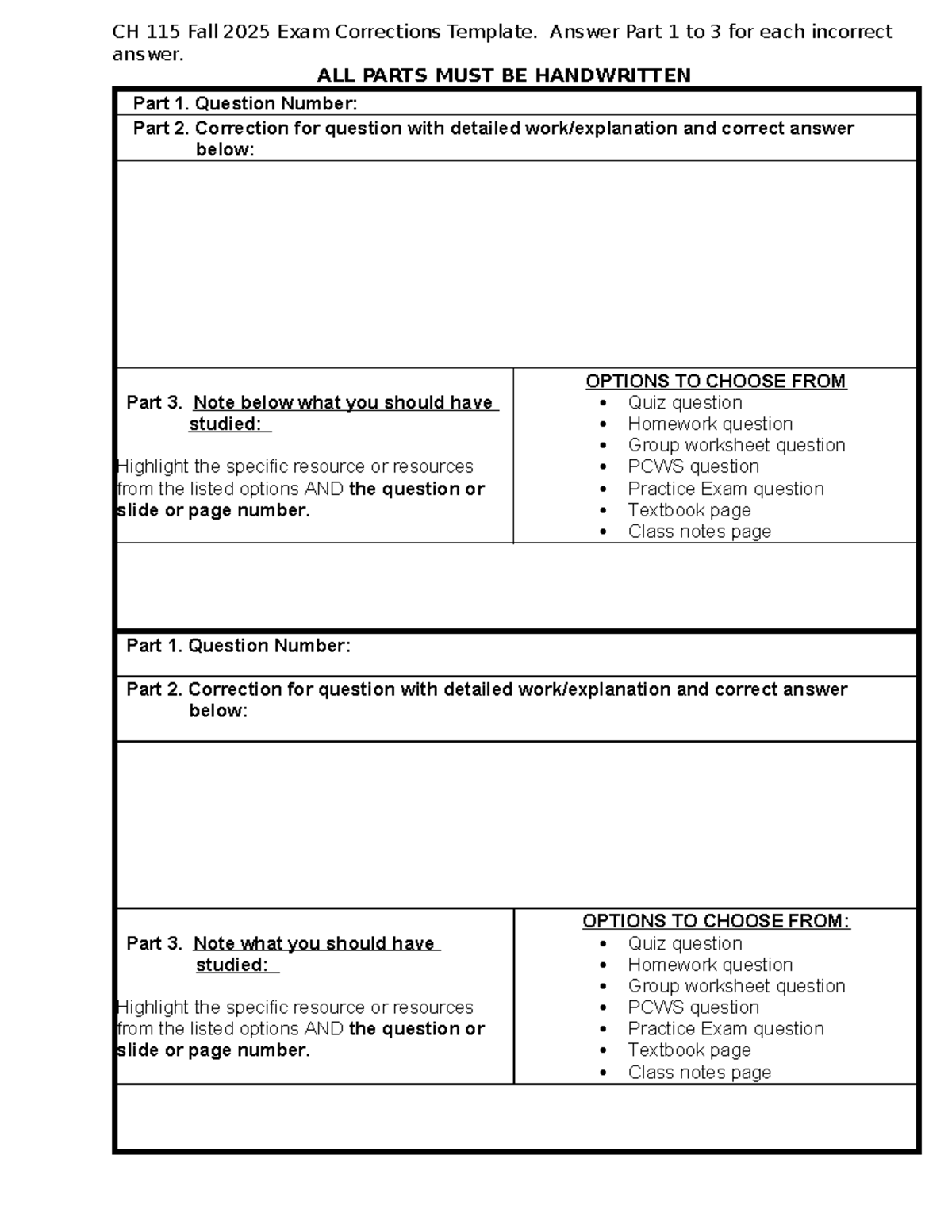 CH 115 Fall 2025 Exam Corrections Template Guide - Studocu