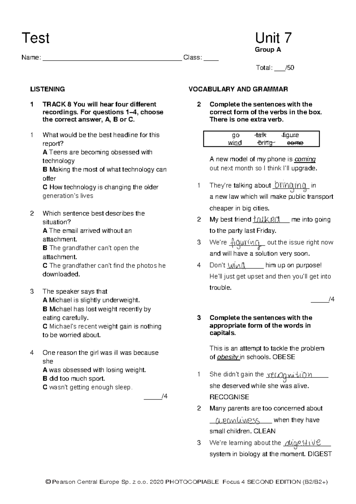 Focus 4 2E Unit 7 Test: Group A Listening, Vocabulary, and Writing ...