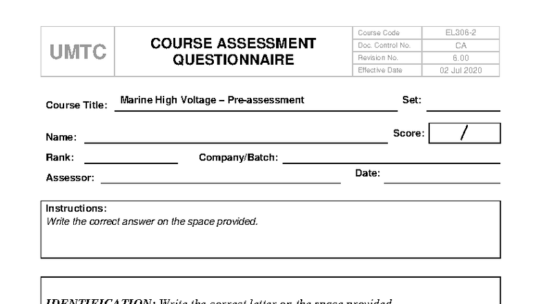 UMTC: Marine High Voltage Set Pre-Assessment Questionnaire - Studocu