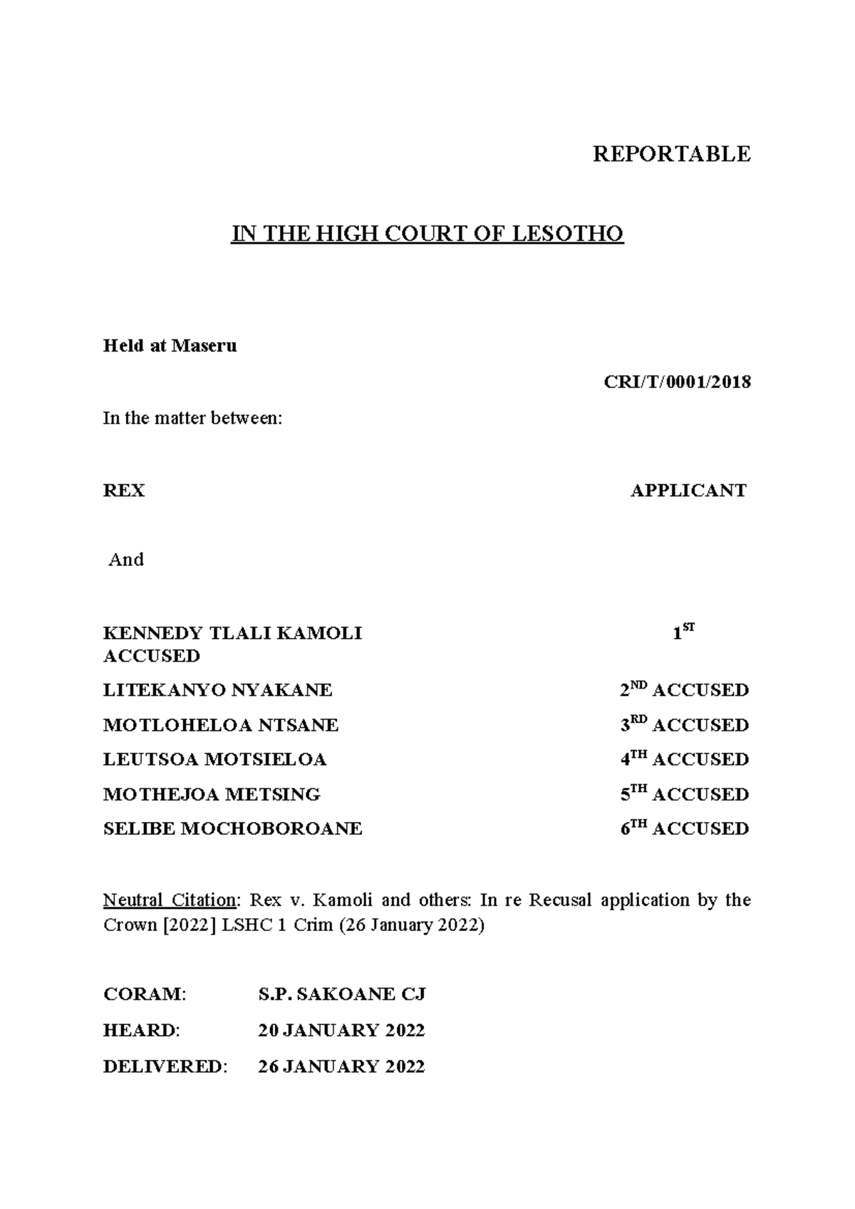 Rex v Kamoli: High Court Recusal Application Ruling (CRIT00012018 ...