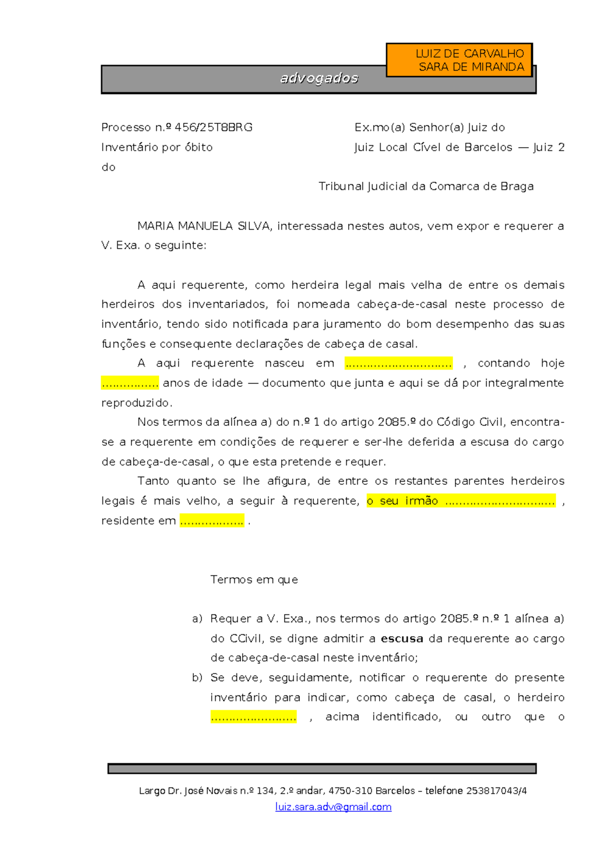 Requerimento de Escusa de Cabeça-de-Casal - Processo de Inventário ...