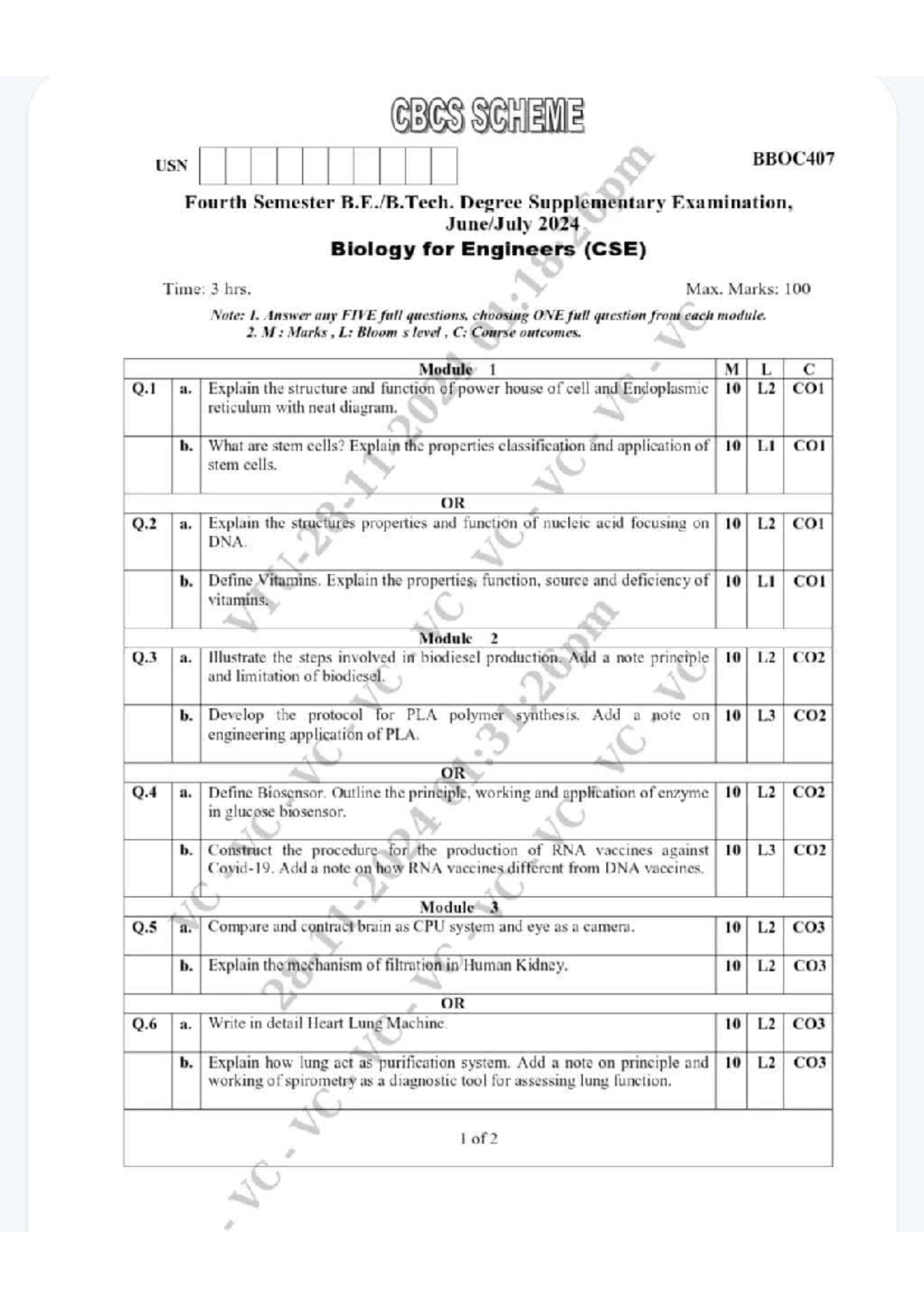 CBCS BBOC407 Fourth Sem Biology for Engineers Supplementary Exam 2024 ...