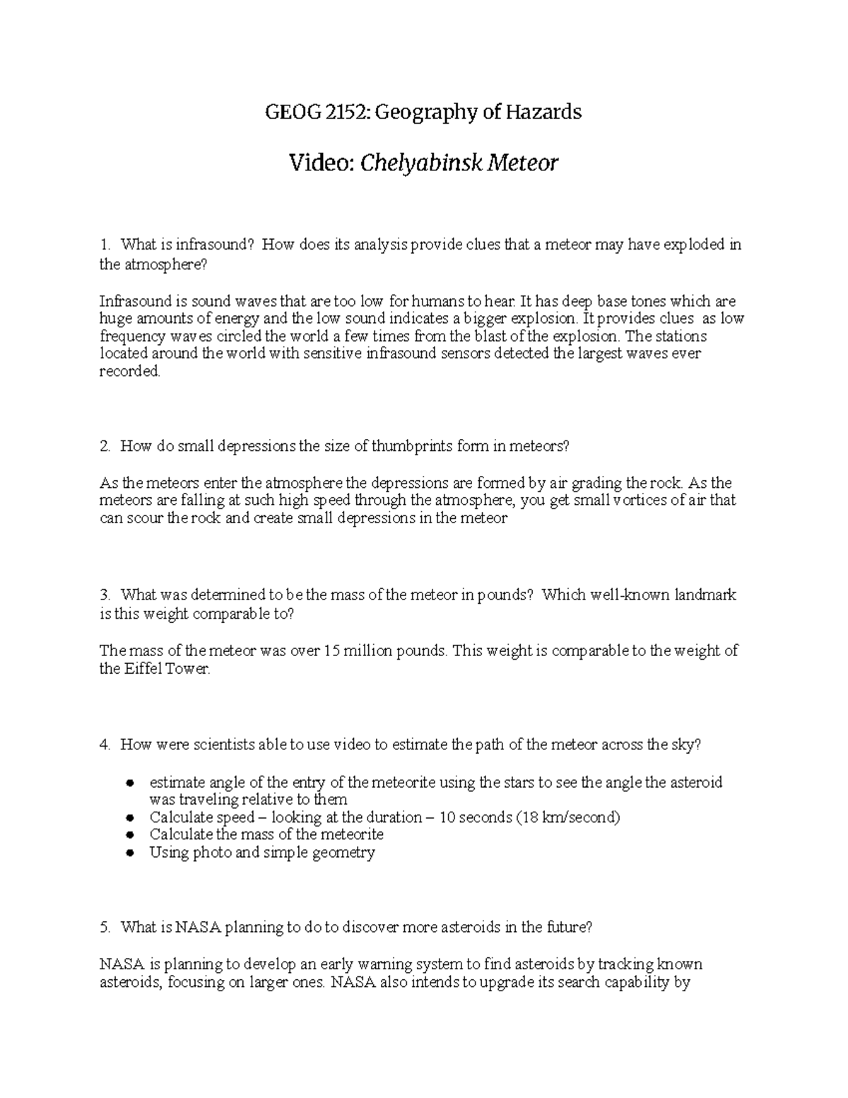 Video Q&A on Chelyabinsk Meteor - GEOG 2152: Geography of Hazards - Studocu
